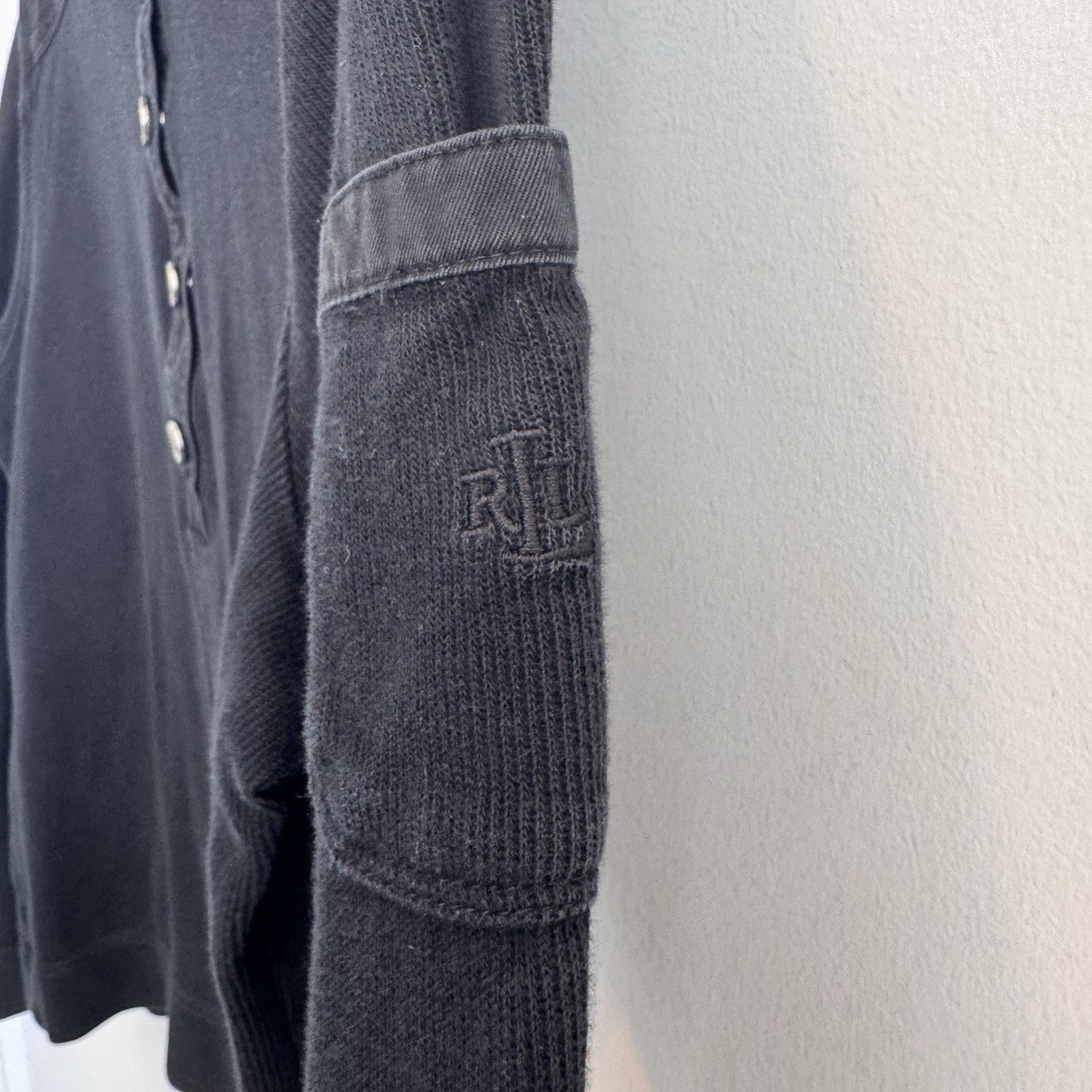 Lauren Ralph Lauren Ribbed Henley Sweater L Black RLL Logo Snap Top  Women’s 