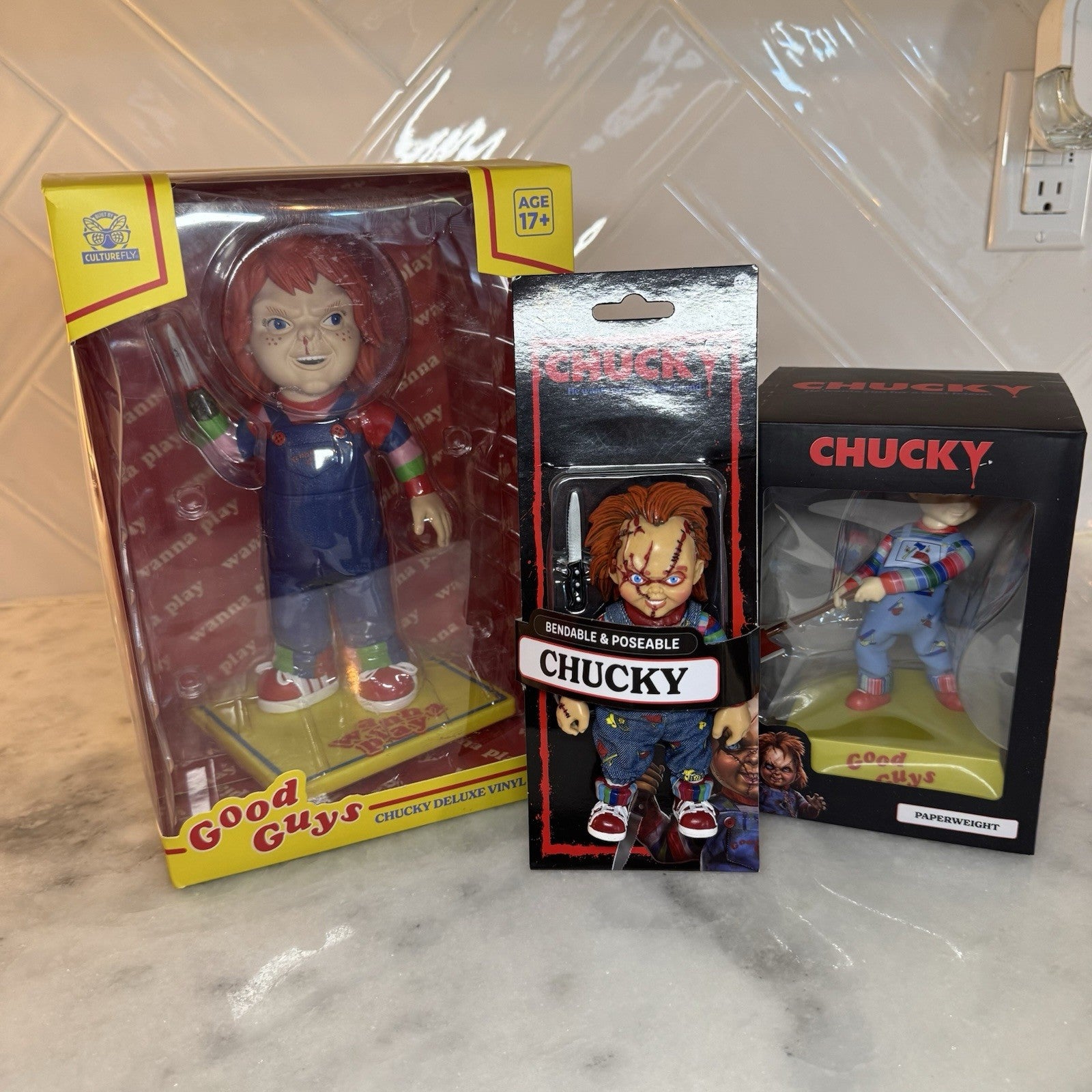 Chucky Horror Collectibles Lot CultureFly Figure Bendyfigs & Paperweight