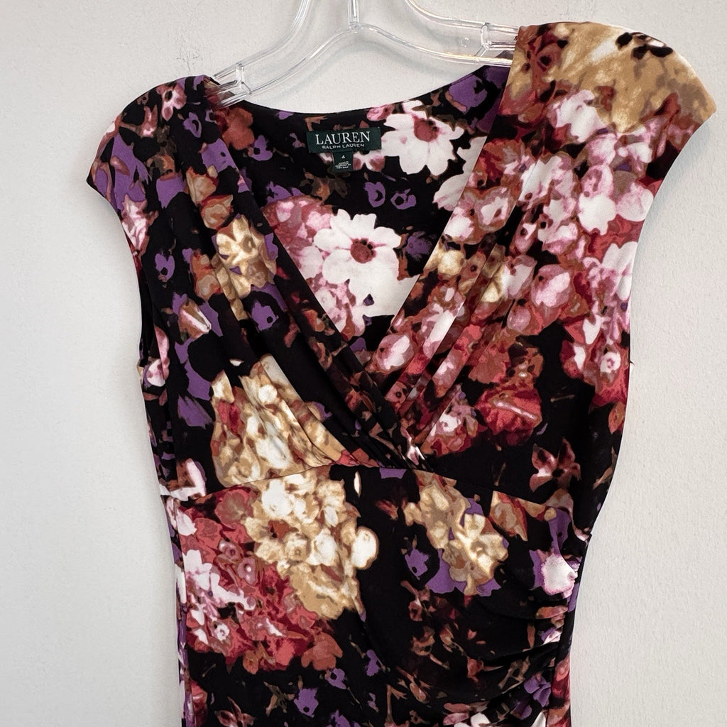 Lauren Ralph Lauren Floral V-Neck Sheath Dress Padded Shoulder Size 4