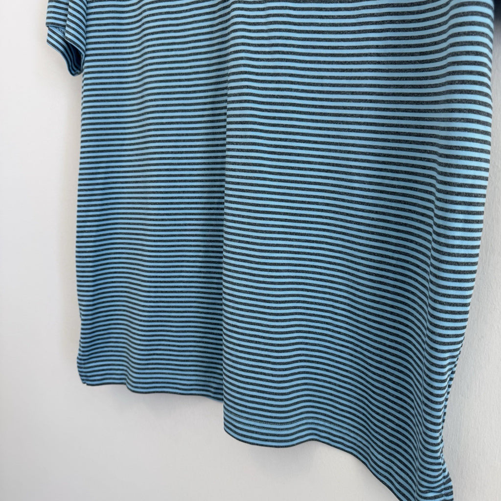 Brooks Brothers Mens Large Polo Shirt Blue Striped Performance Golf Sleeve Logo