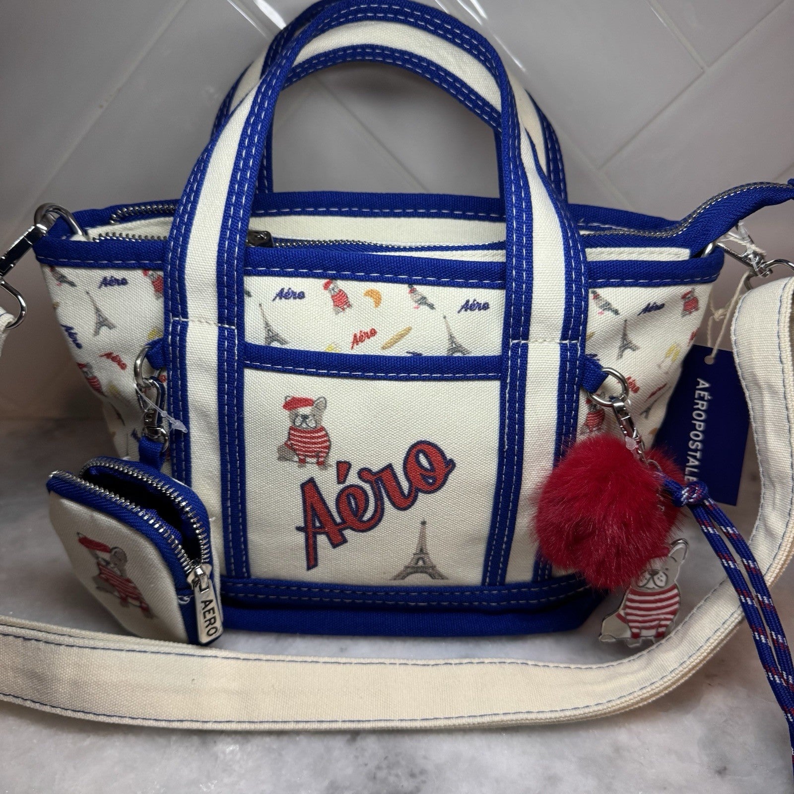Aero Aeropostale French Bulldog Mini Tote bag crossbody purse canvas charms