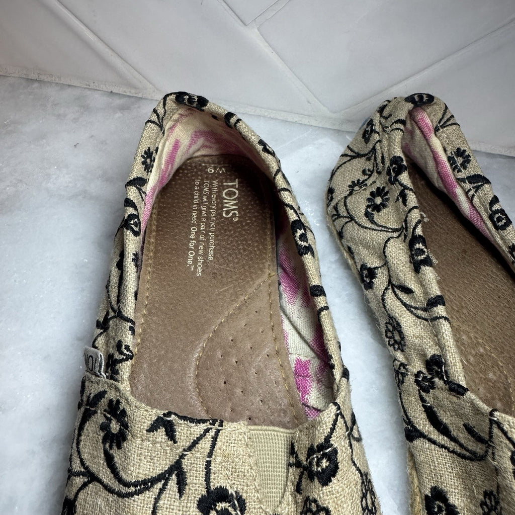 TOMS Classic Alpargata Floral Embroidered Espadrille Women’s 9M Tan Black