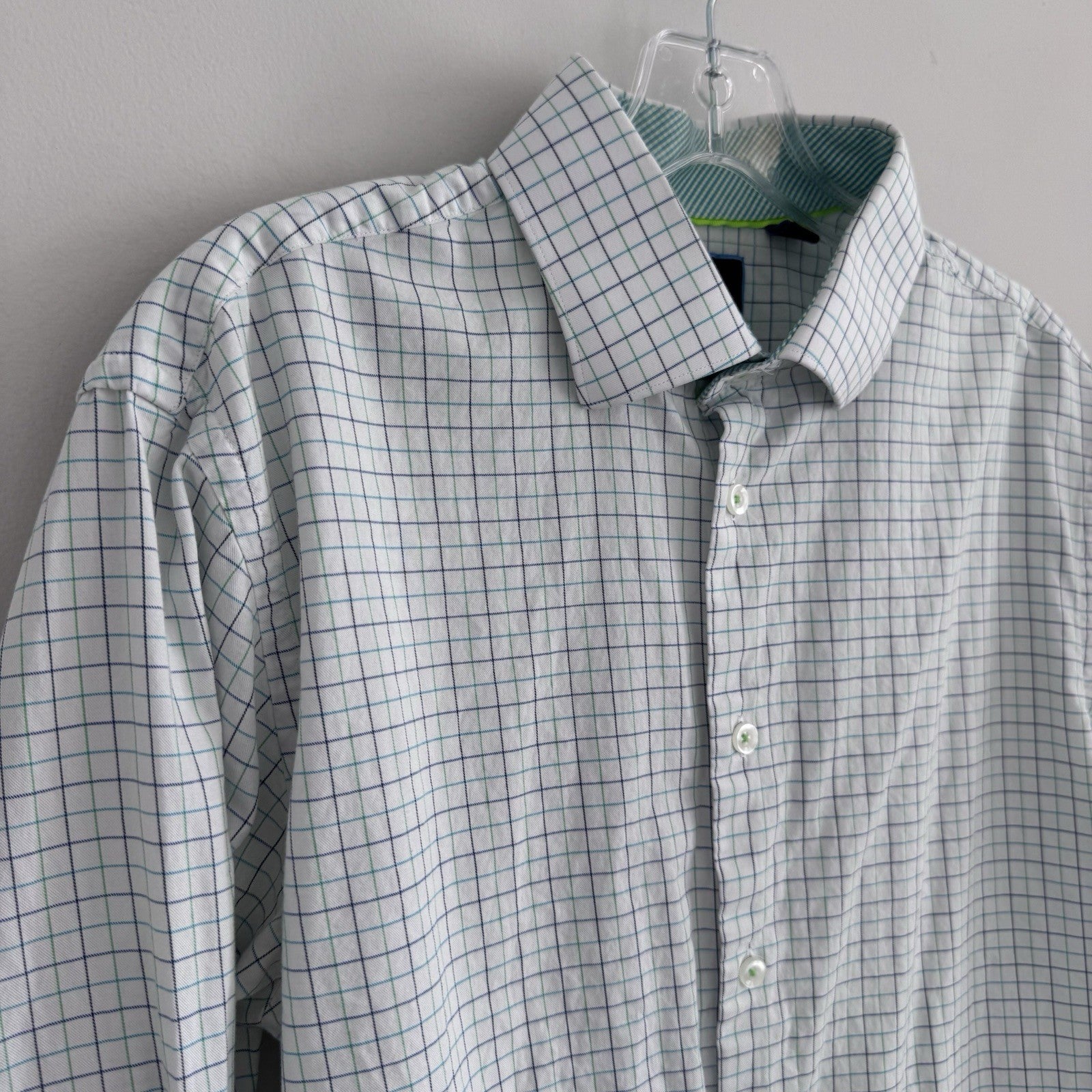 Tattersall London 16 32/33 Check Dress Shirt Blue Green Cotton