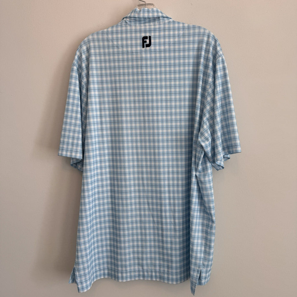 FJ Golf Polo Shirt Mens Large Blue White Gingham Plaid Performance Pocket