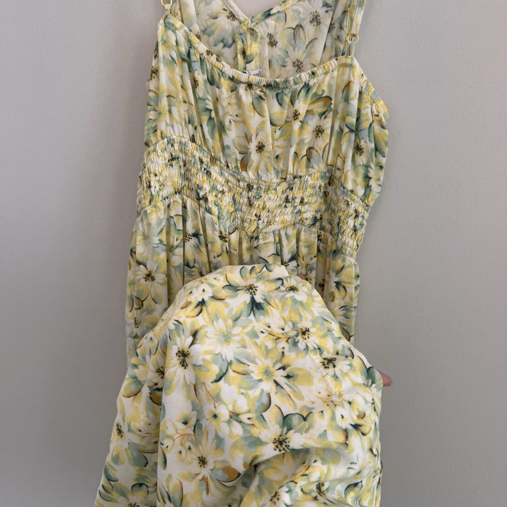 American Eagle Women’s M Petite Floral Cutout Wide Leg Jumpsuit Yellow Green