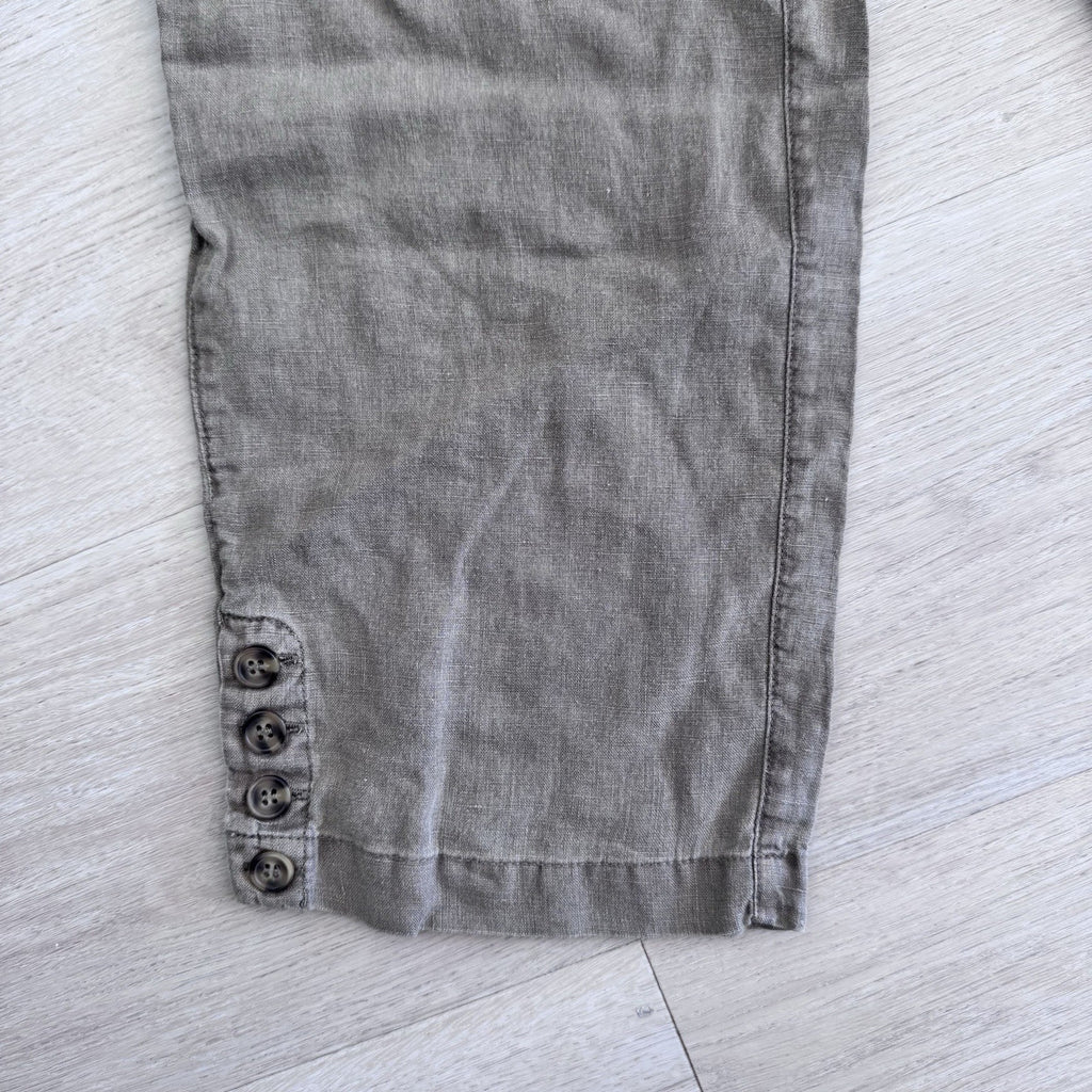 Nicole Miller New York Linen Pants Womens Large Taupe Elastic Waist Ankle Button
