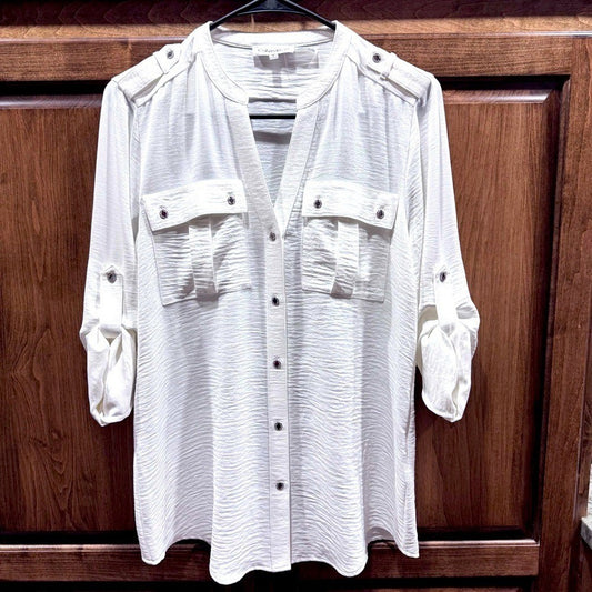 Calvin Klein White Textured Utility Blouse - Size Small