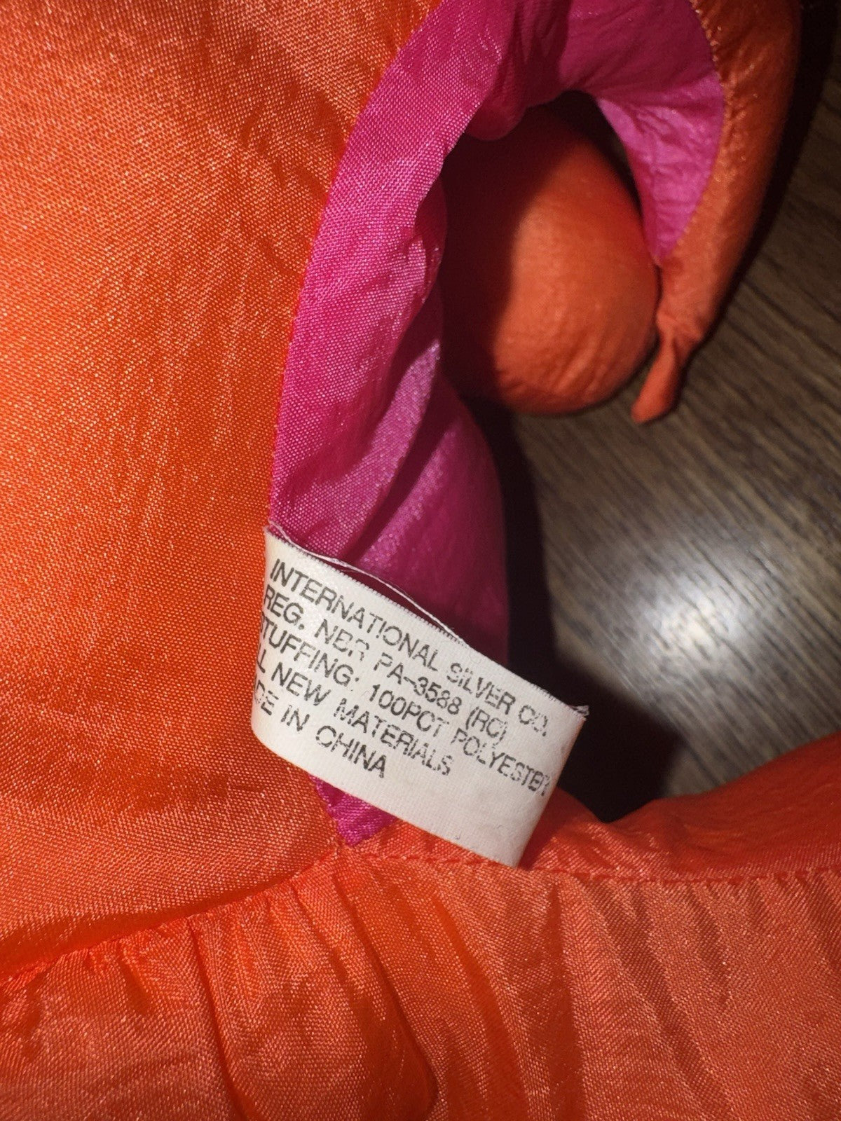 Vintage International Silver Co Dinosaur plush Nylon Orange Aqua Pink 13" Puff