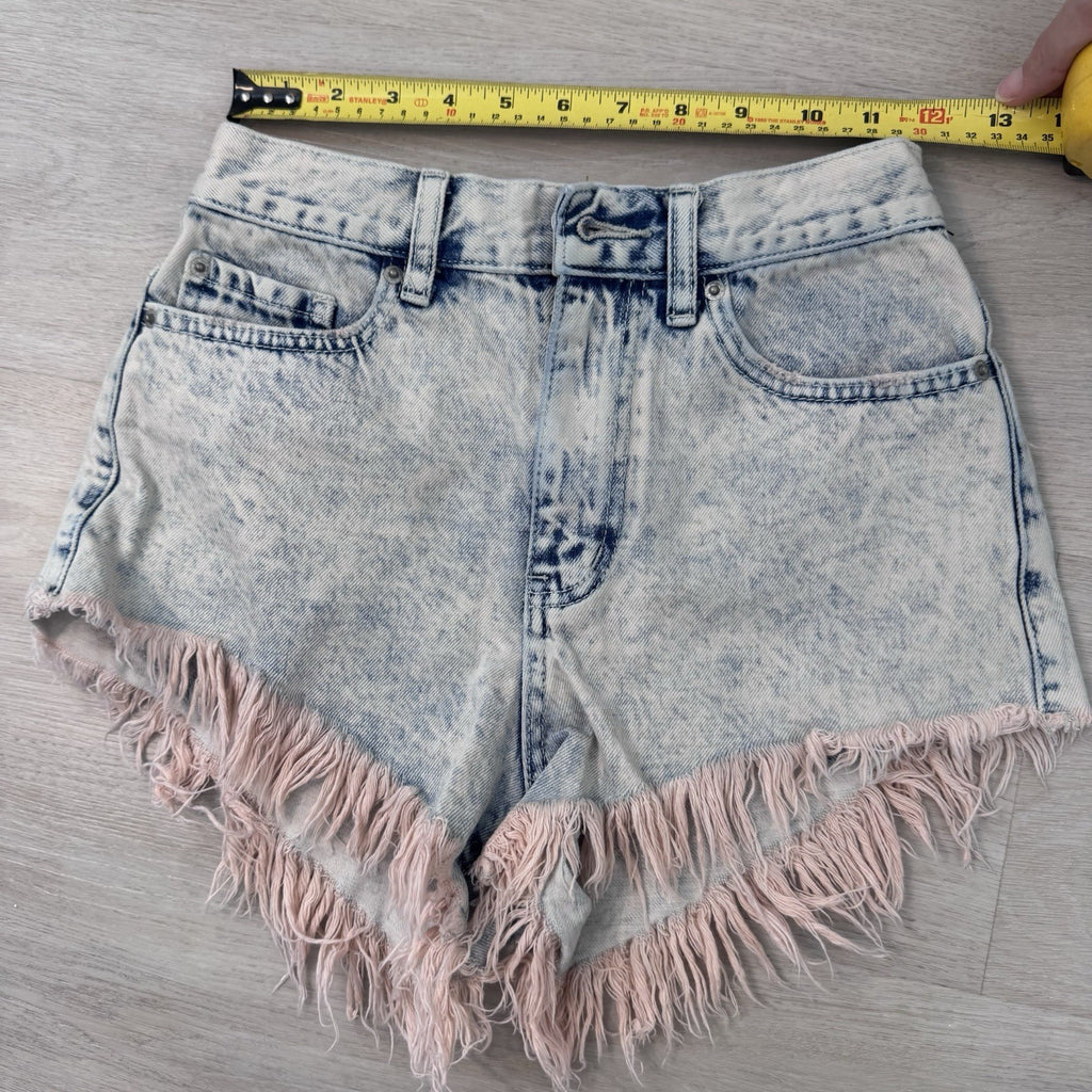 BDG Urban Outfitters High Rise Cheeky Pink Fringe Denim Shorts Acid Wash 25 Y2K