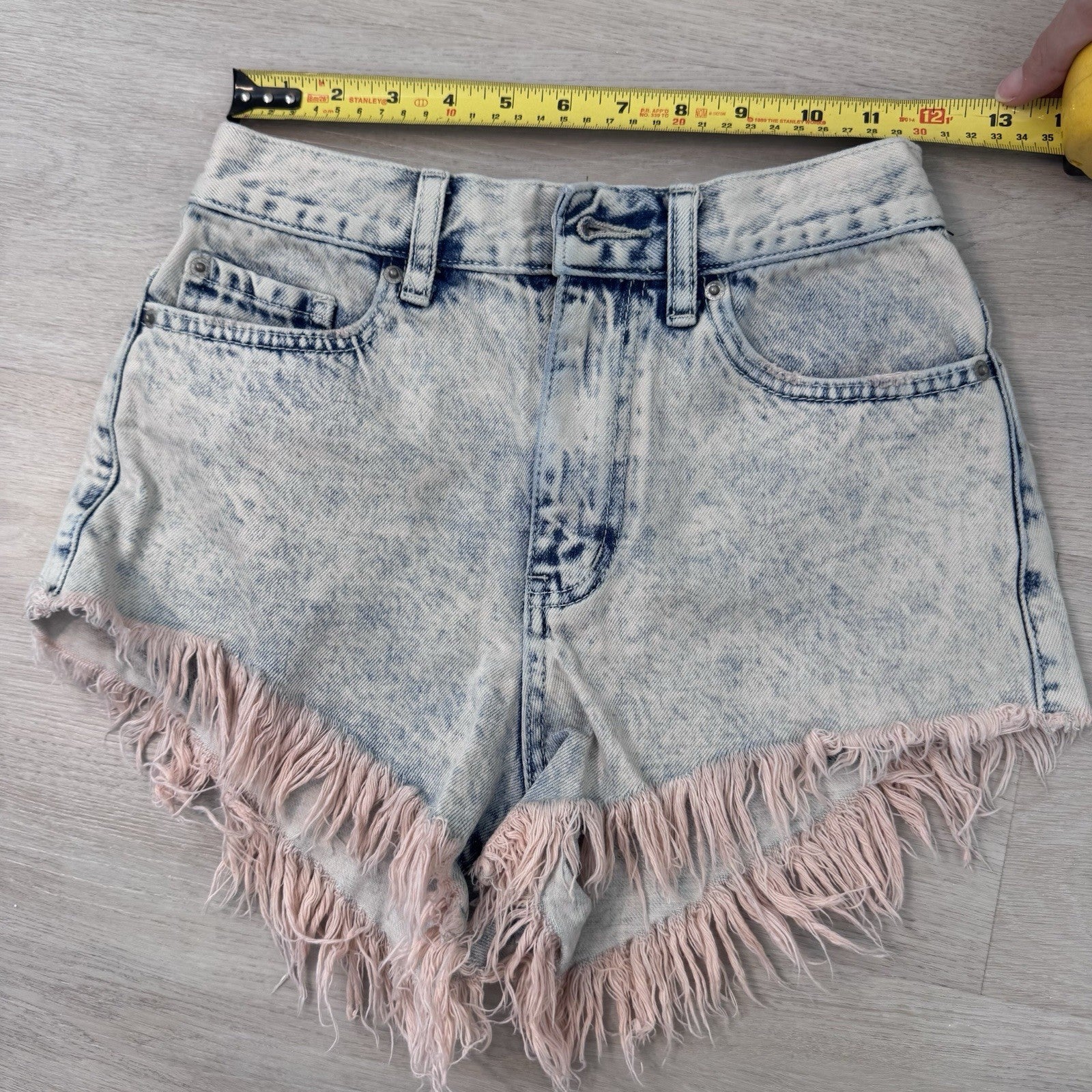 BDG Urban Outfitters High Rise Cheeky Pink Fringe Denim Shorts Acid Wash 25 Y2K