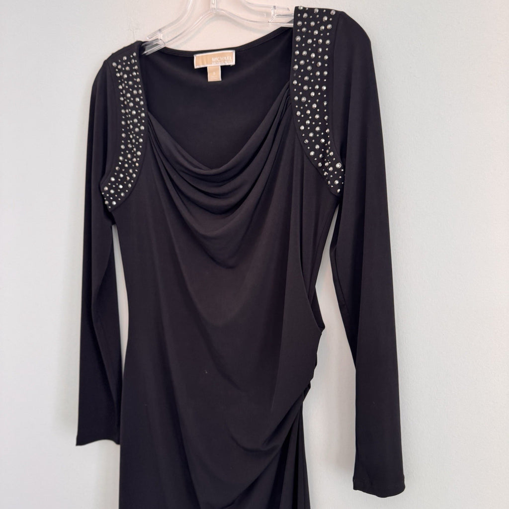 Michael Kors Studded Shoulder Drape Neck Dress Black Size Small