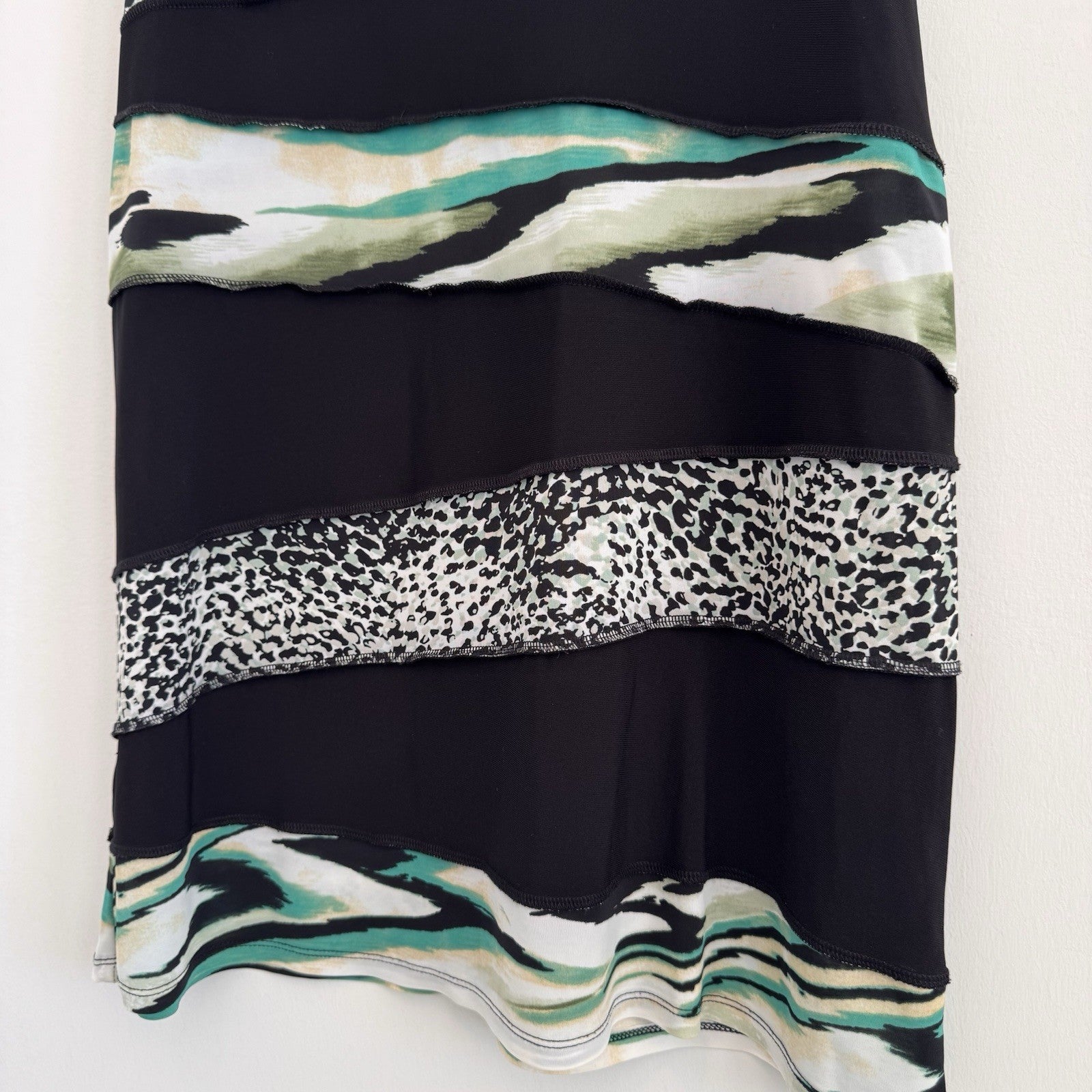 Dressbarn Women 6 Black Shift Dress Leopard Print Teal Tiered Ruffle Sleeveless