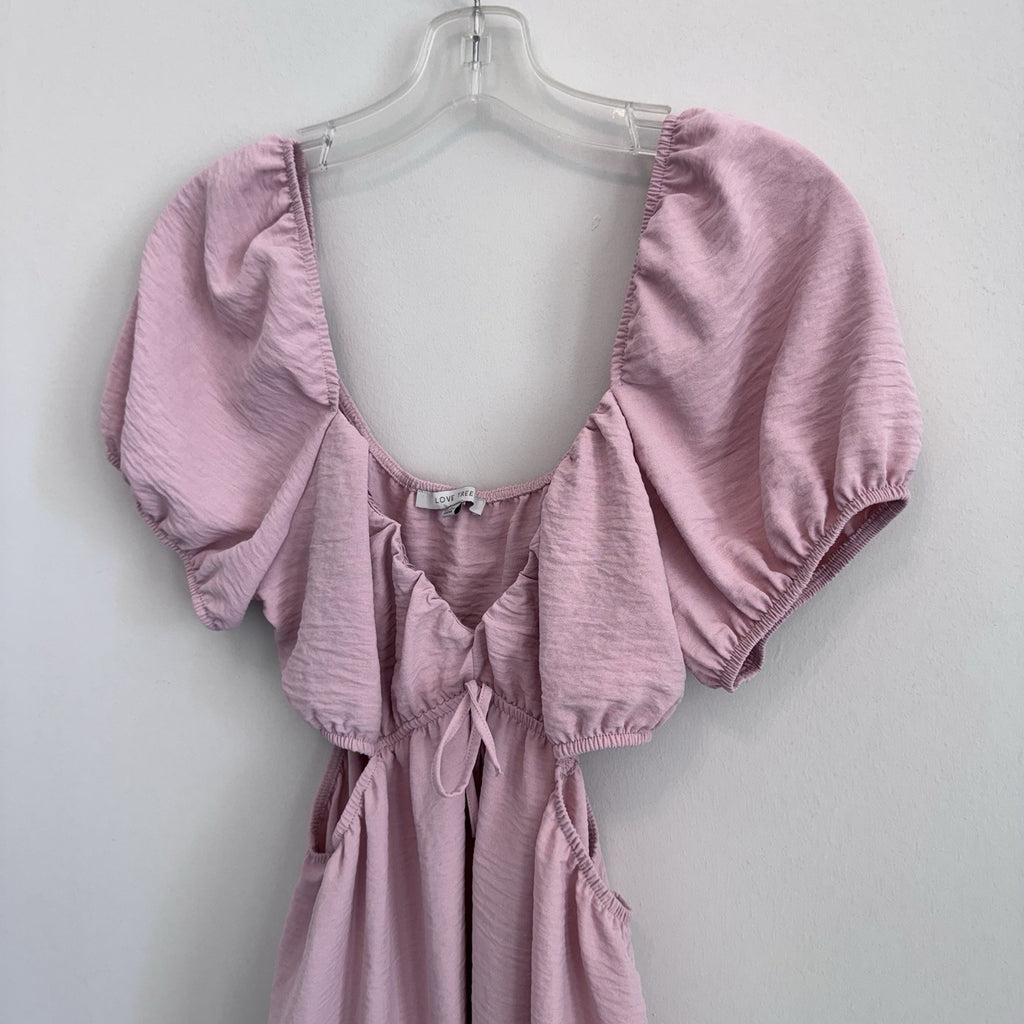 Love Tree Pink Cut Out Midi Dress Puff Sleeve Tie Waist Size L