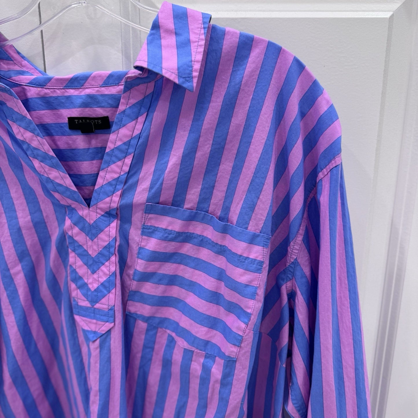 Talbots Plus Womens Striped Popover Blouse 1X Pink Blue Cotton Top