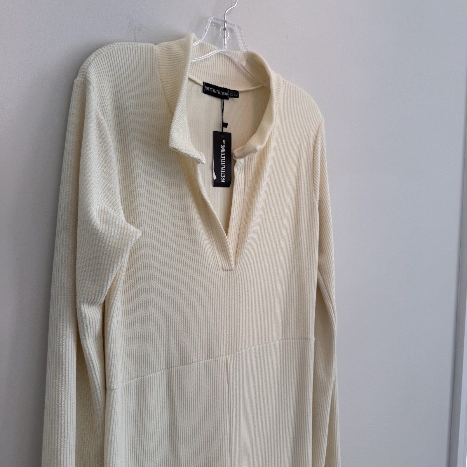 PrettyLittleThing Maternity Cream Rib Collar Flare Jumpsuit US 12 NWT