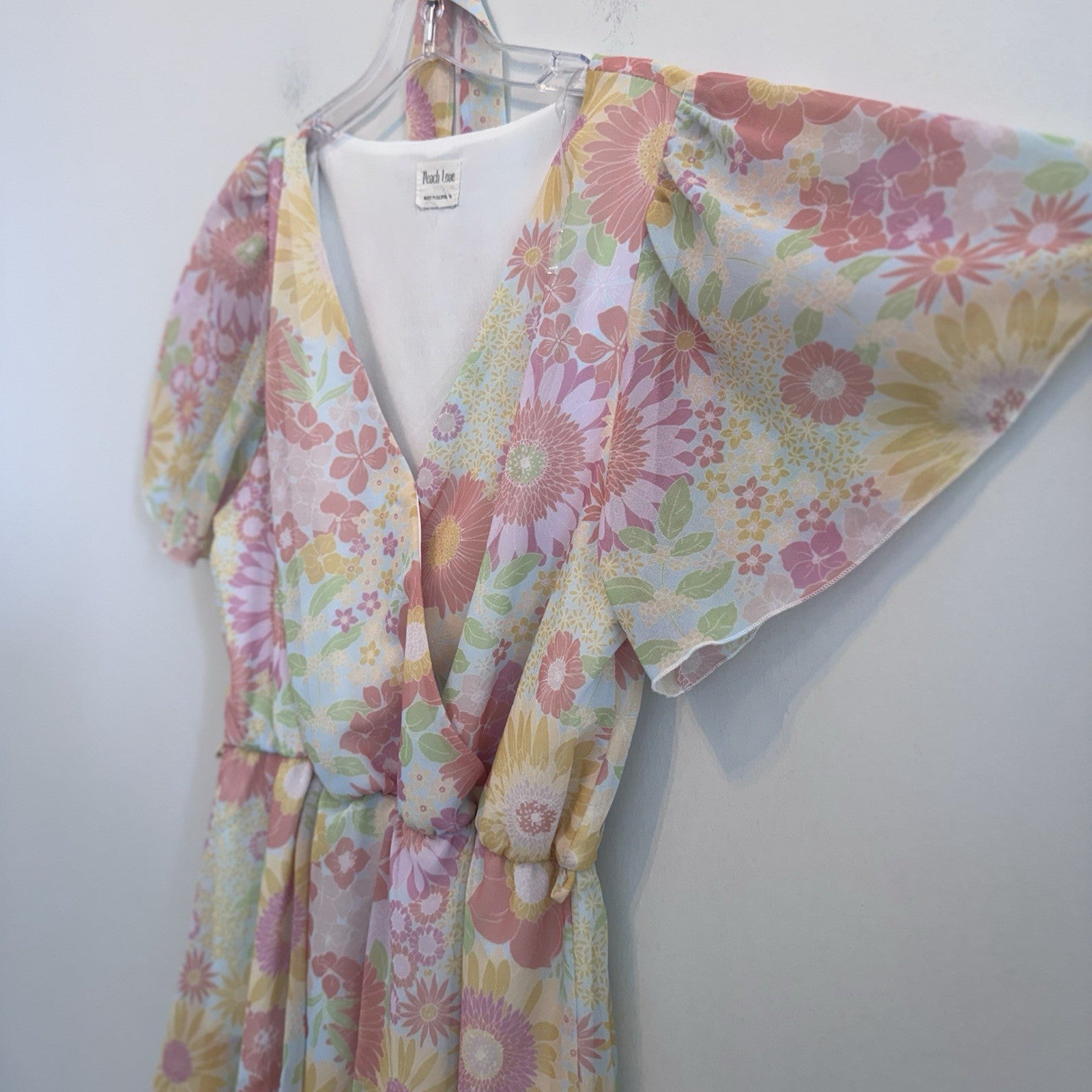 Peach Love Floral Dress Womens M Boho Cottagecore Belted Pastel