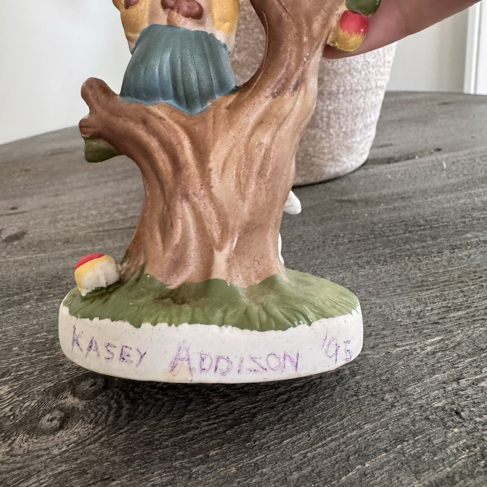 Vintage Ceramic Girl in Apple Tree Figurine with White Rabbit Hand Painted '95
