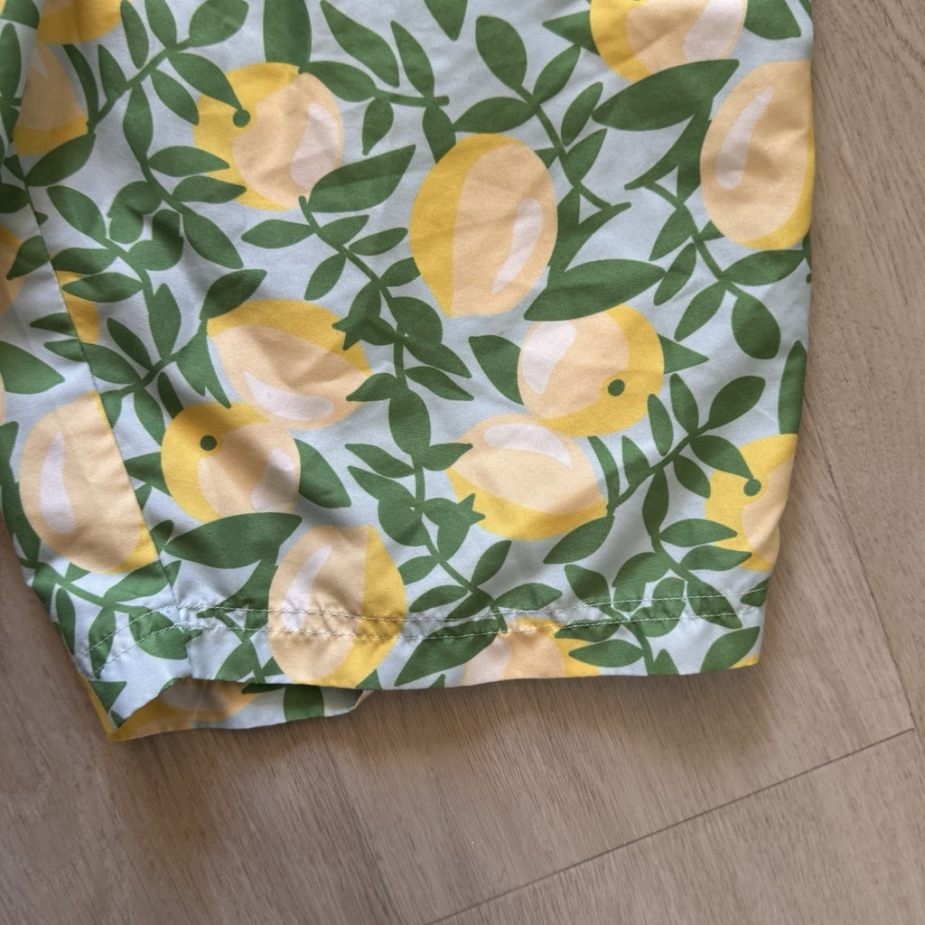 Matilda Jane Boys Size 14 Swim Trunks Board Shorts Lemon Print Blue Yellow Mesh