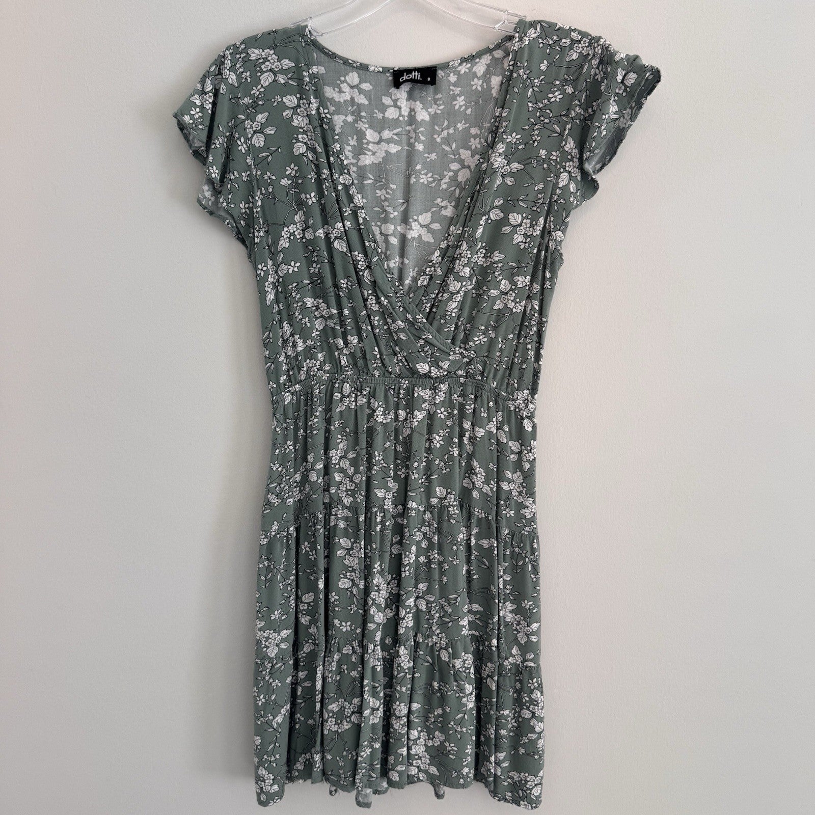 Dotti Floral Tiered Mini Dress Green Boho Cottagecore Women’s 8