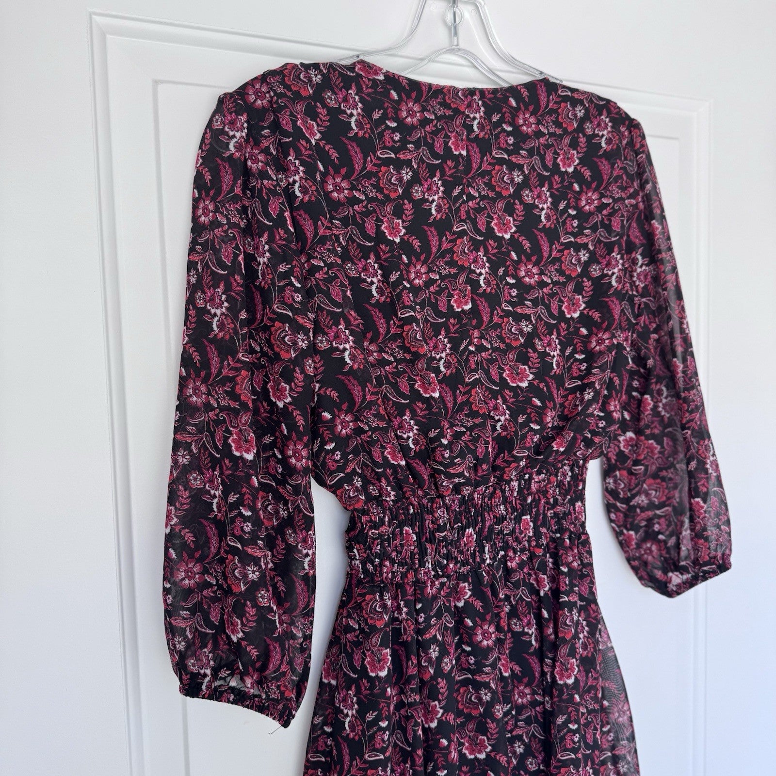 Kate and Lily Dress Size 4 Black Red Floral Midi Sheer Sleeve Smocked Waist