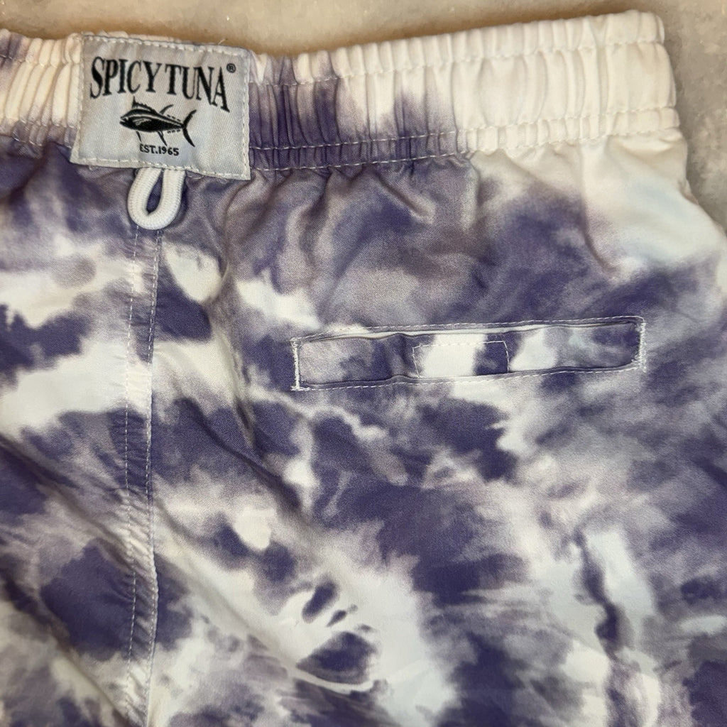 Spicy Tuna Boys Size 12 Swim Trunks Board Shorts Purple White Tie Dye Mesh Lined