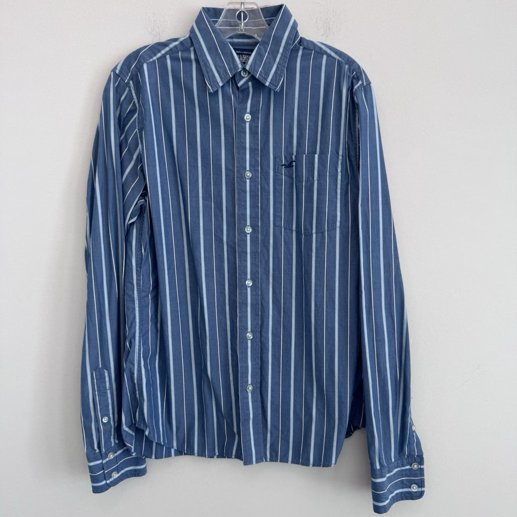 Hollister Men’s Medium Blue Striped Button Up Shirt Cotton Logo Casual