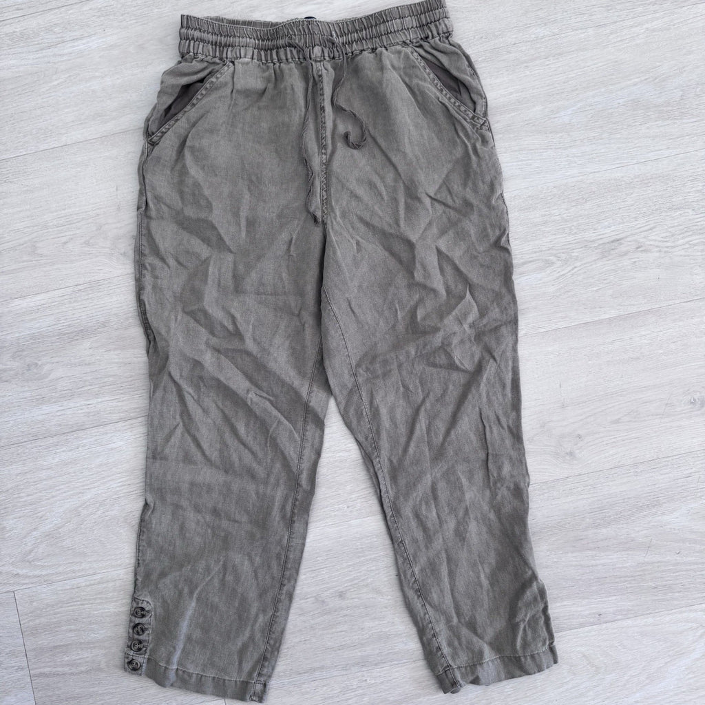 Nicole Miller New York Linen Pants Womens Large Taupe Elastic Waist Ankle Button