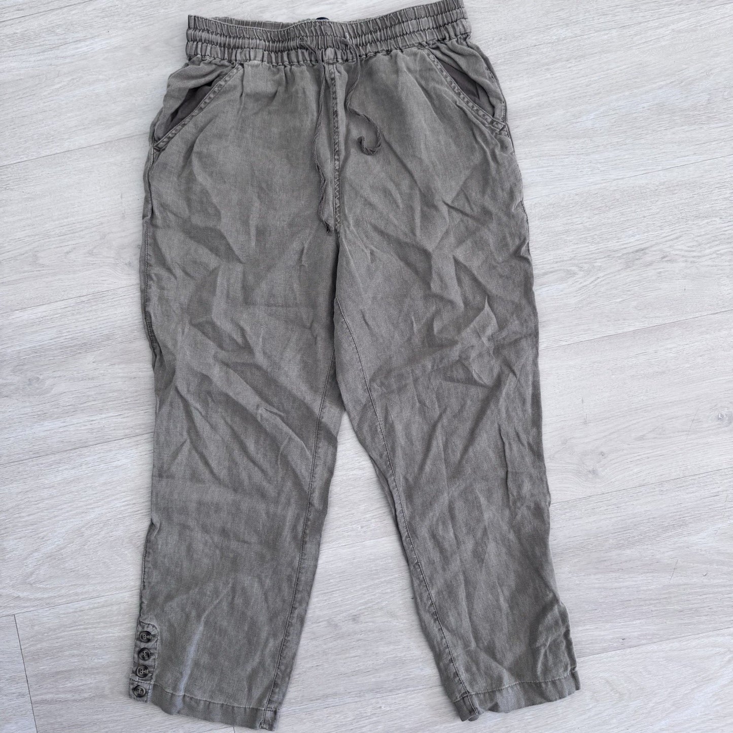 Nicole Miller New York Linen Pants Womens Large Taupe Elastic Waist Ankle Button