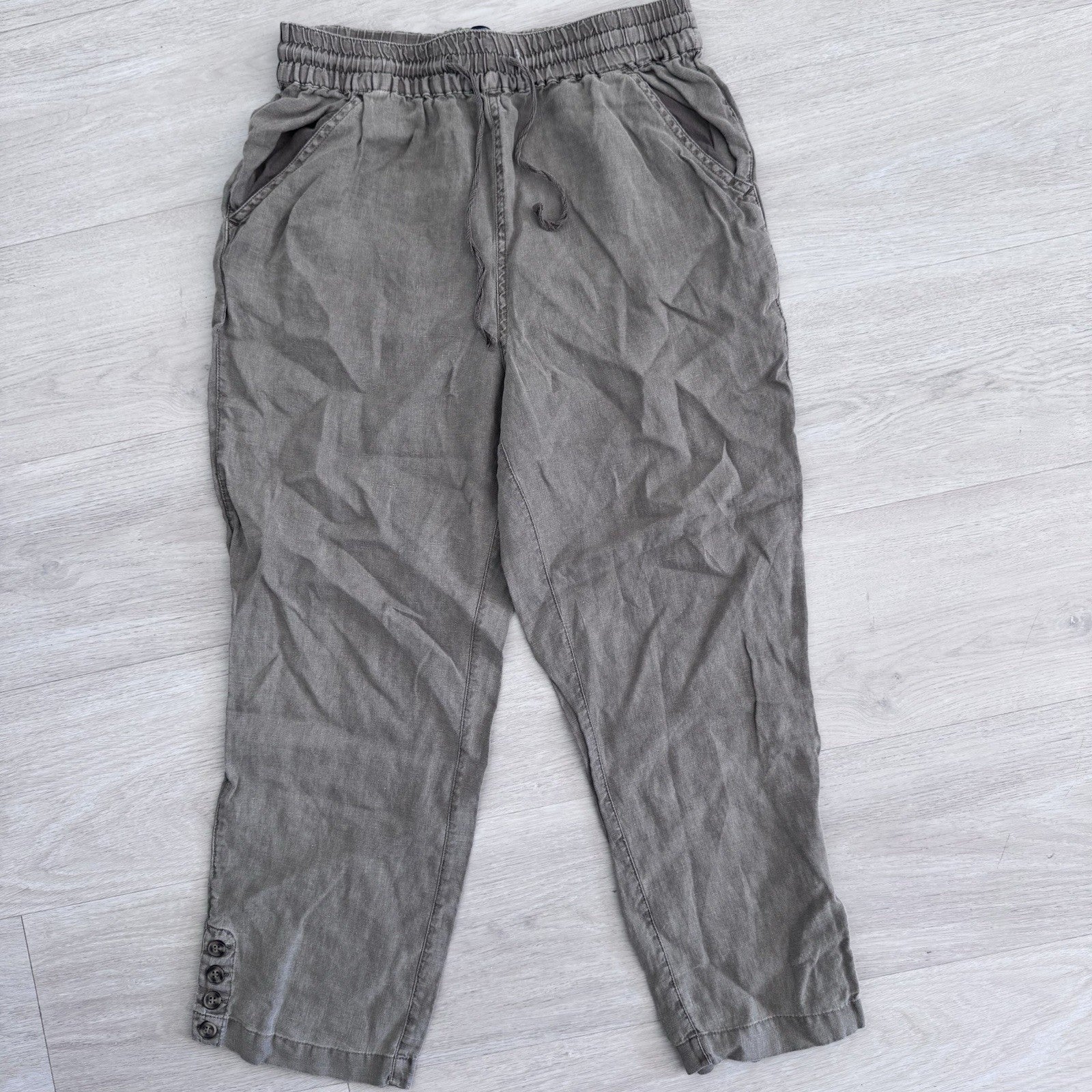 Nicole Miller New York Linen Pants Womens Large Taupe Elastic Waist Ankle Button