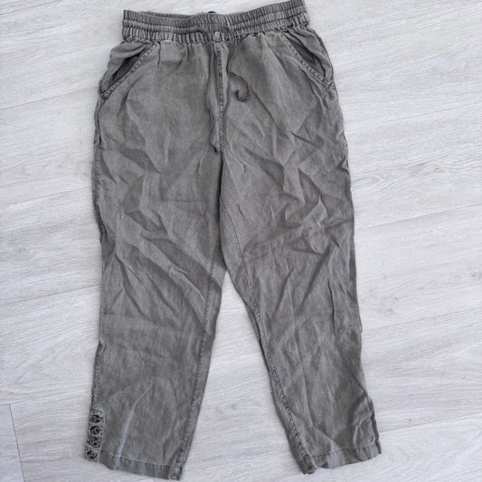 Nicole Miller New York Linen Pants Womens Large Taupe Elastic Waist Ankle Button