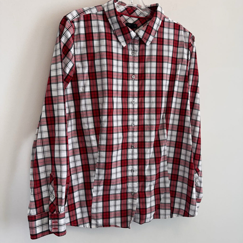 Talbots Women's Button Down Blouse Size 16 Cotton Stretchy Plaid Red Long Sleeve