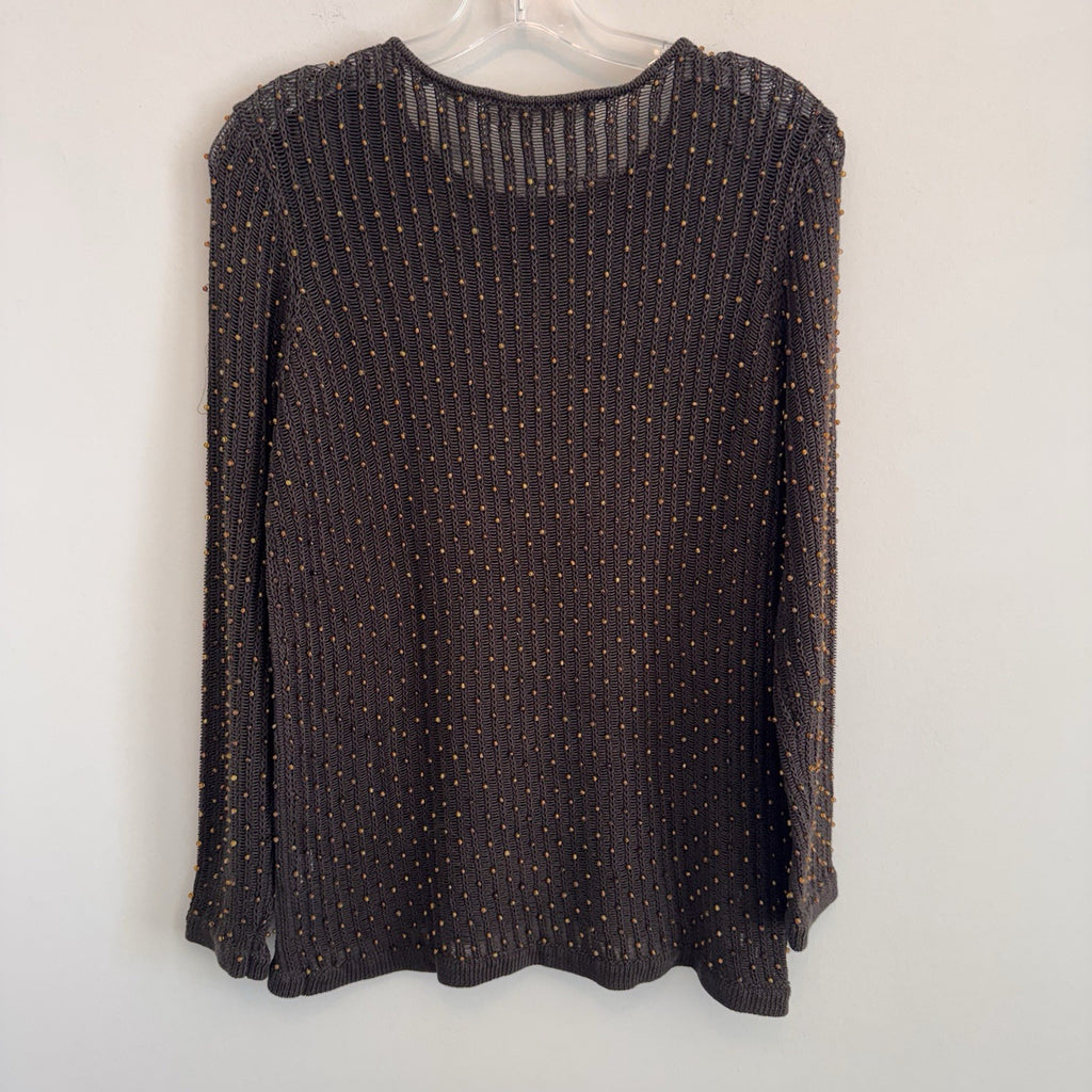Dana Buchman Womens M Brown Beaded Open Knit Sweater Long Sleeve Crochet