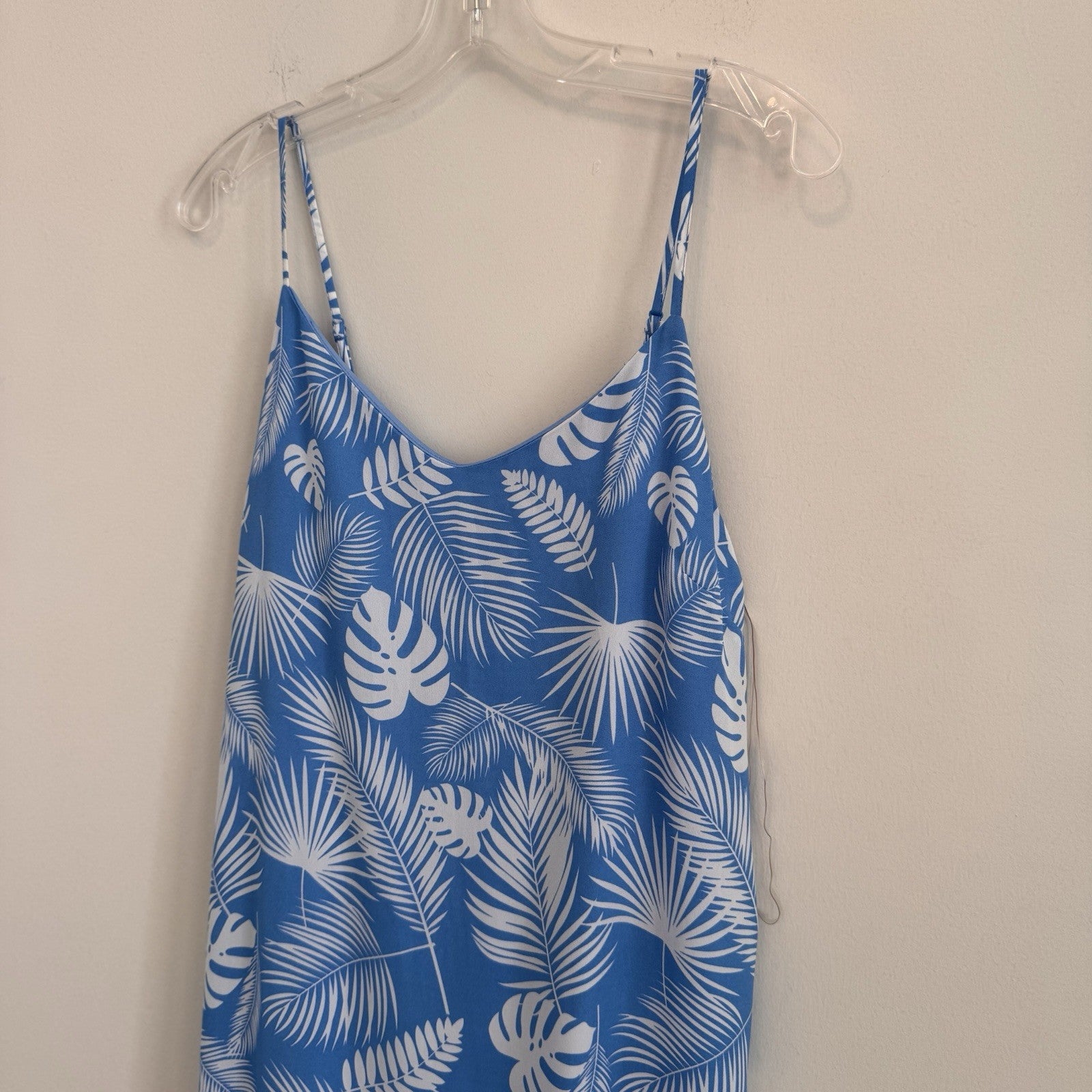 Pink Lily Blue Tropical Monstera Palm Print Maxi Dress Large L Side Slit Summer