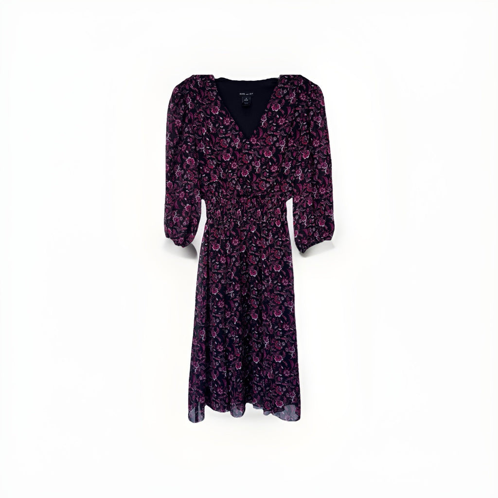 Kate and Lily Floral Midi Dress – Women’s Size 4 – Black & Pink – Long Sleeve