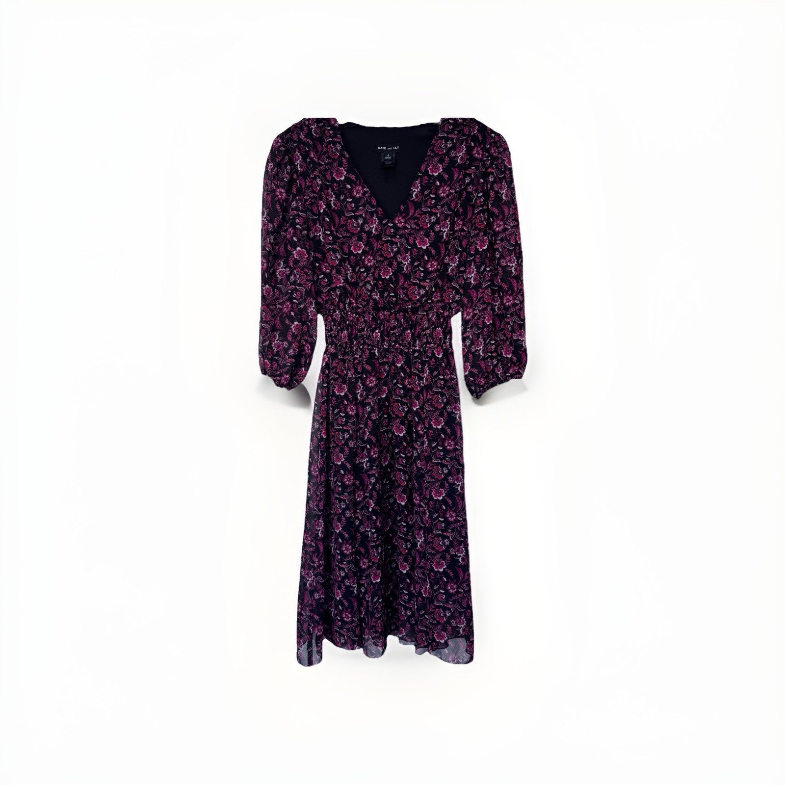 Kate and Lily Floral Midi Dress – Women’s Size 4 – Black & Pink – Long Sleeve