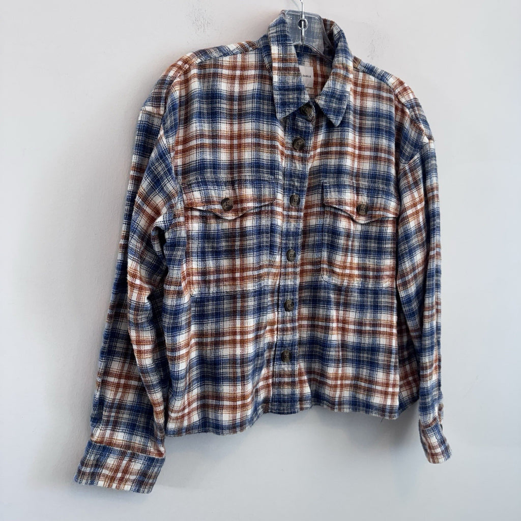 American Eagle Flannel Shirt Womens M Blue Brown Plaid Shacket Crop