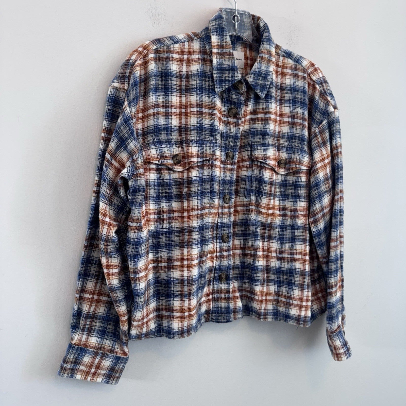 American Eagle Flannel Shirt Womens M Blue Brown Plaid Shacket Crop