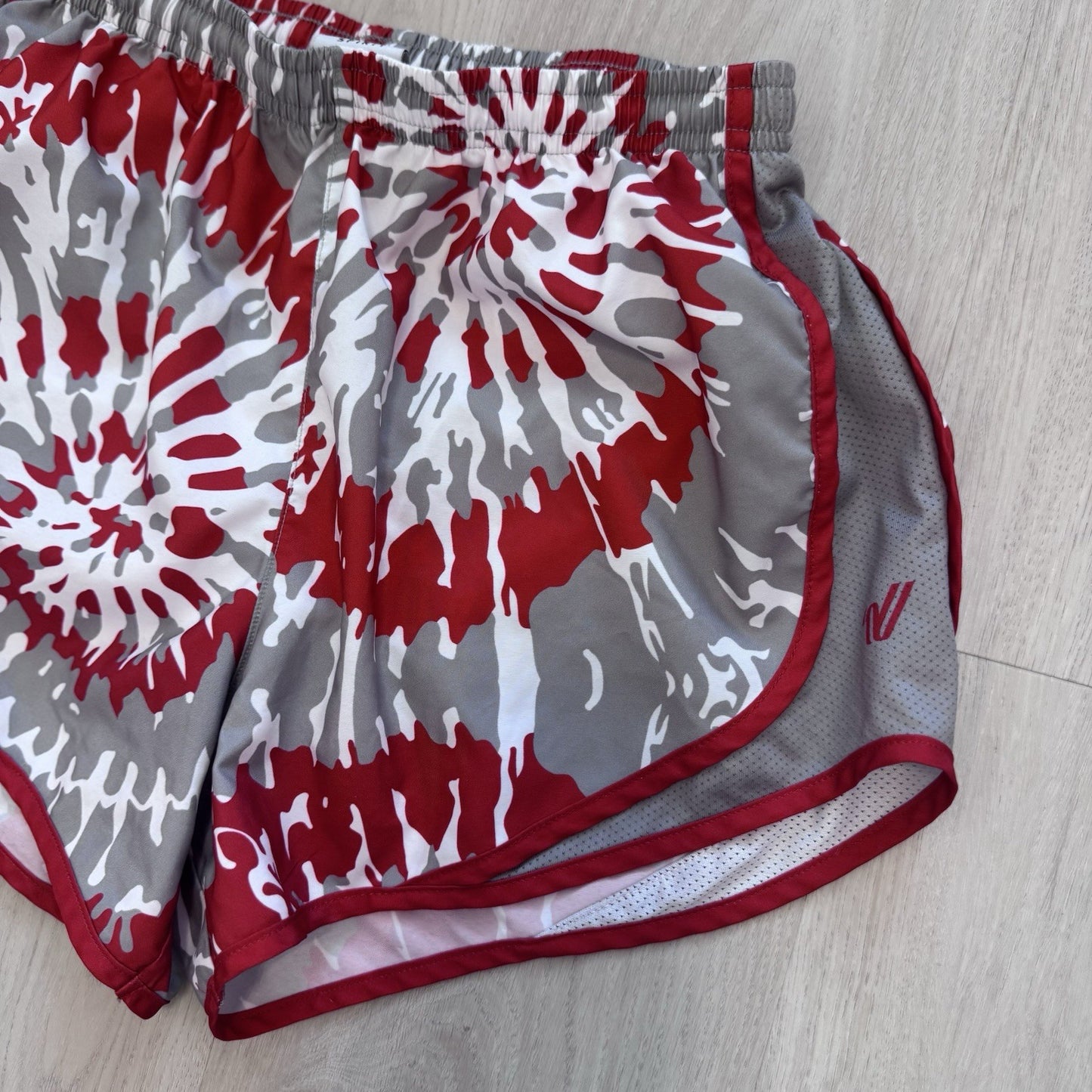 Varsity Spirit Cheer Shorts Women’s Small Red Gray White Tie Dye Print Lined