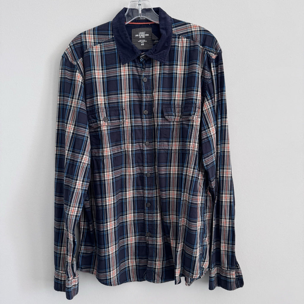 H&M L.O.G.G Mens XL Plaid Flannel Shirt Blue Corduroy Collar
