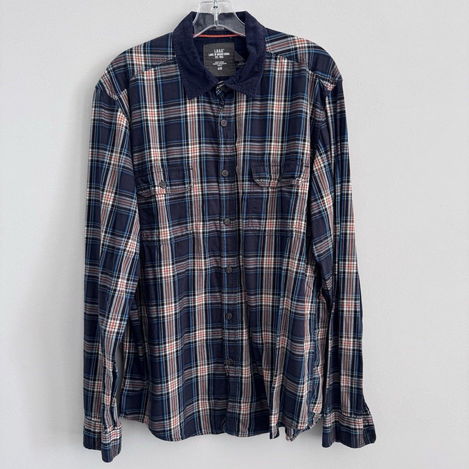 H&M L.O.G.G Mens XL Plaid Flannel Shirt Blue Corduroy Collar