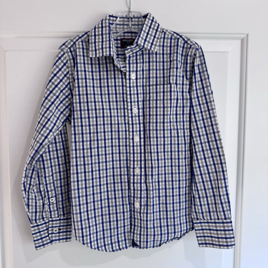 Untuckit Boys Button-Down Shirt Blue Gray Gingham Plaid Cotton Size 6–7