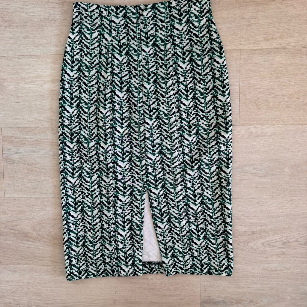 New York & Co Soho Midi Pencil Skirt Green Black Print Size 0 Women’s
