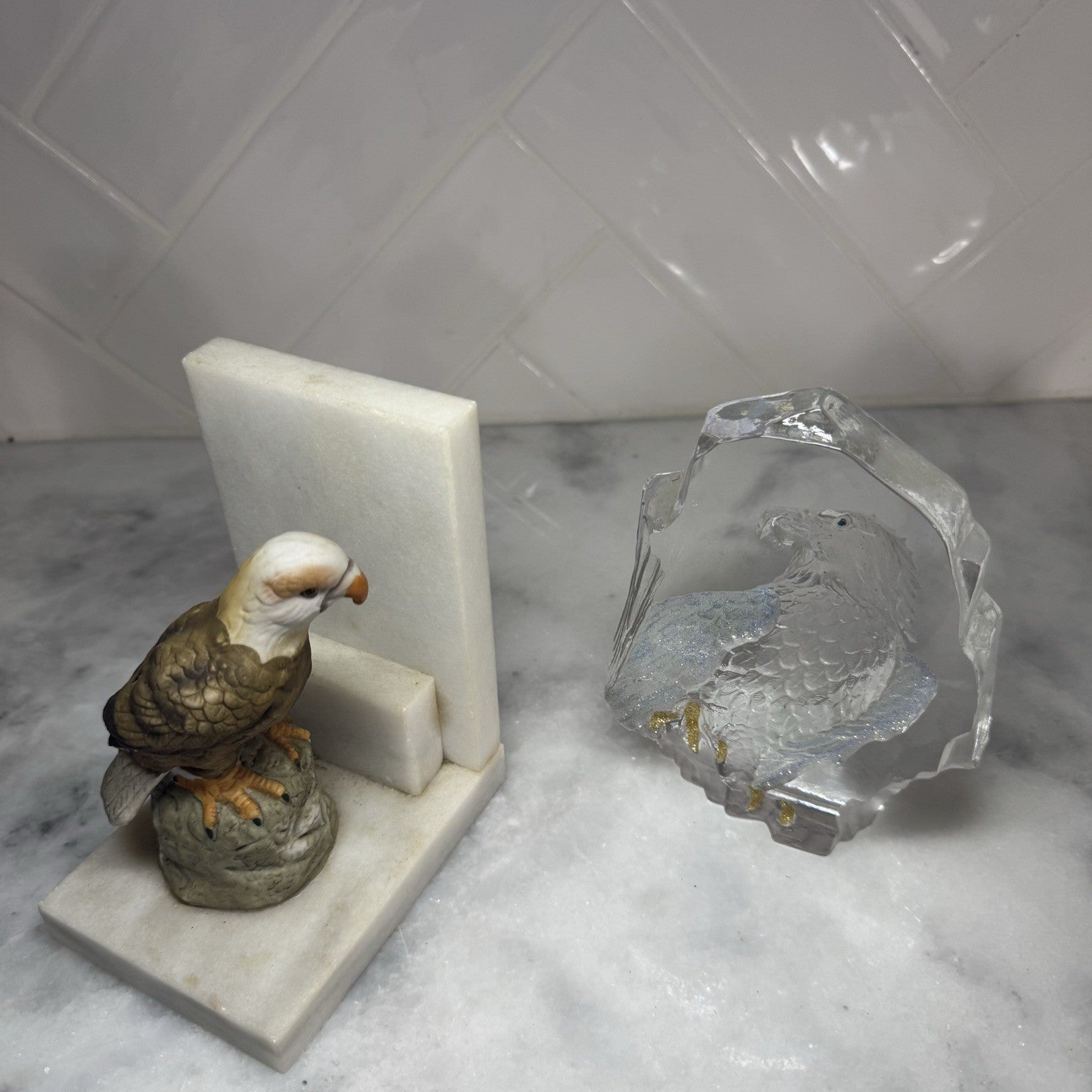 Vintage Eagle Bookends Marble & Lucite Bald Eagle Decor Set
