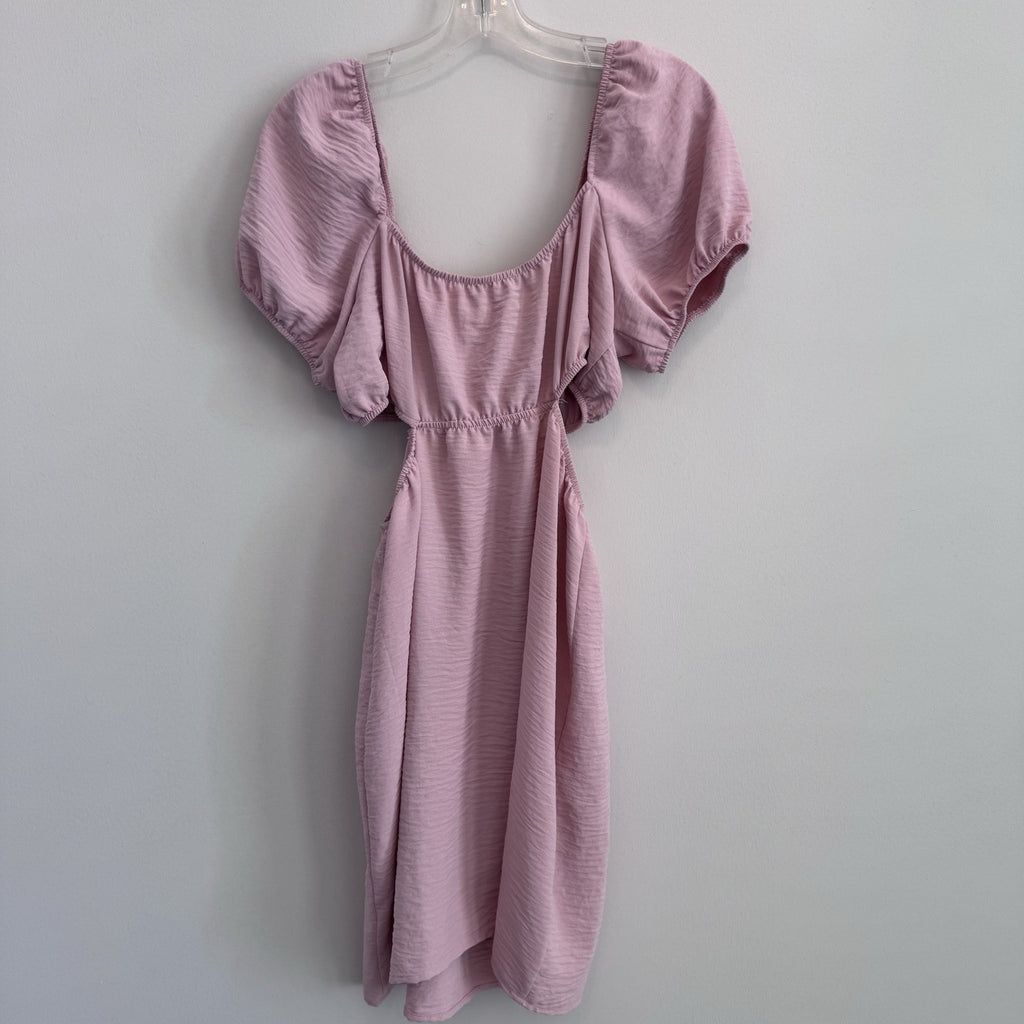 Love Tree Pink Cut Out Midi Dress Puff Sleeve Tie Waist Size L