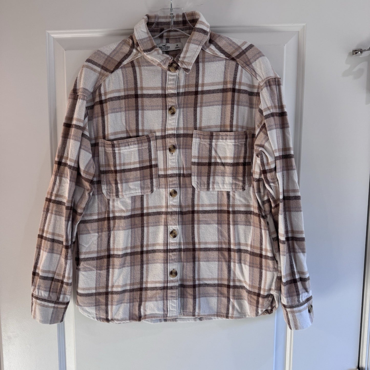 Hollister Plaid Flannel Button Up Shirt Womens Medium Brown Cream