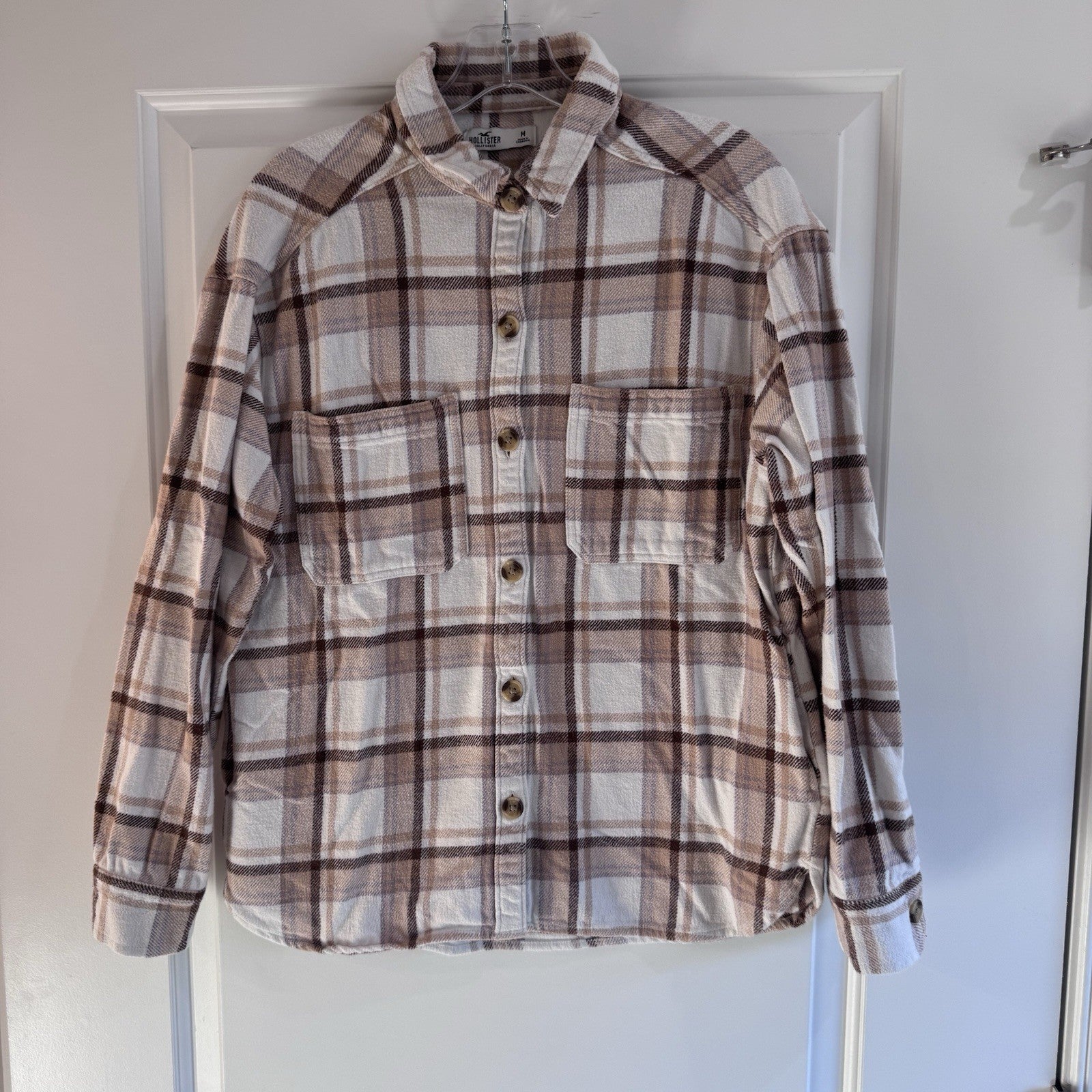 Hollister Plaid Flannel Button Up Shirt Womens Medium Brown Cream
