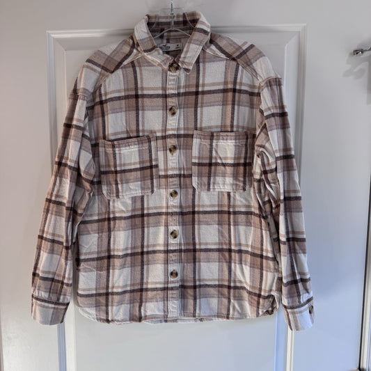 Hollister Plaid Flannel Button Up Shirt Womens Medium Brown Cream