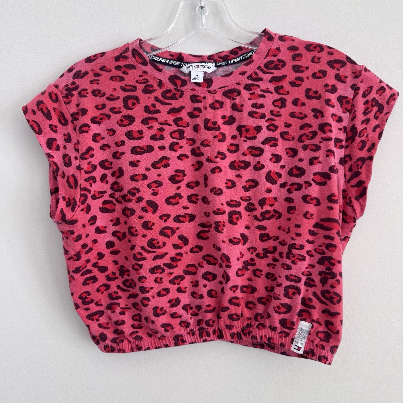 Tommy Hilfiger Sport Pink Leopard Print Crop Top Womens M Logo Hem Y2K