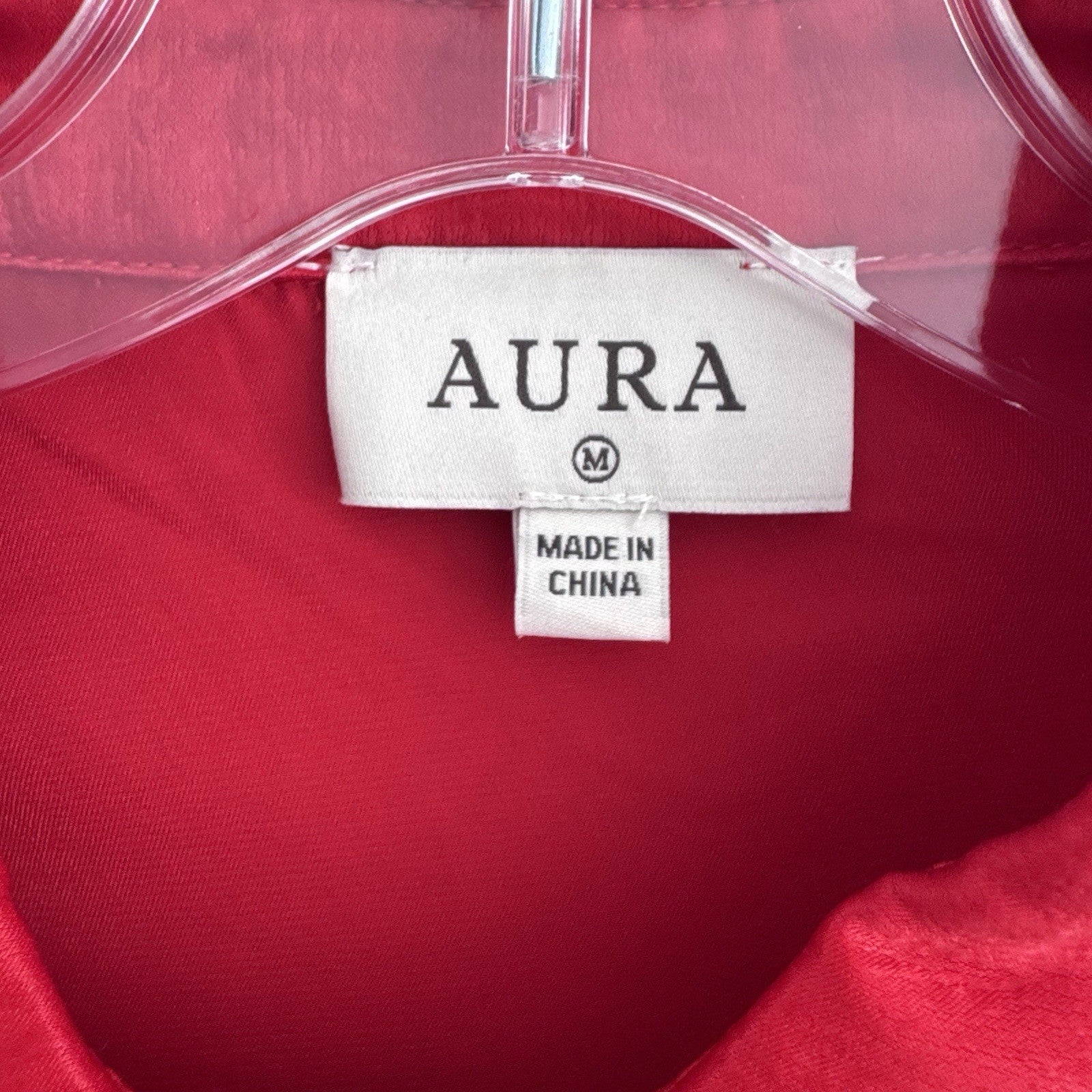 AURA Red Dress Boutique Blouse M Sheer Button Front Collared