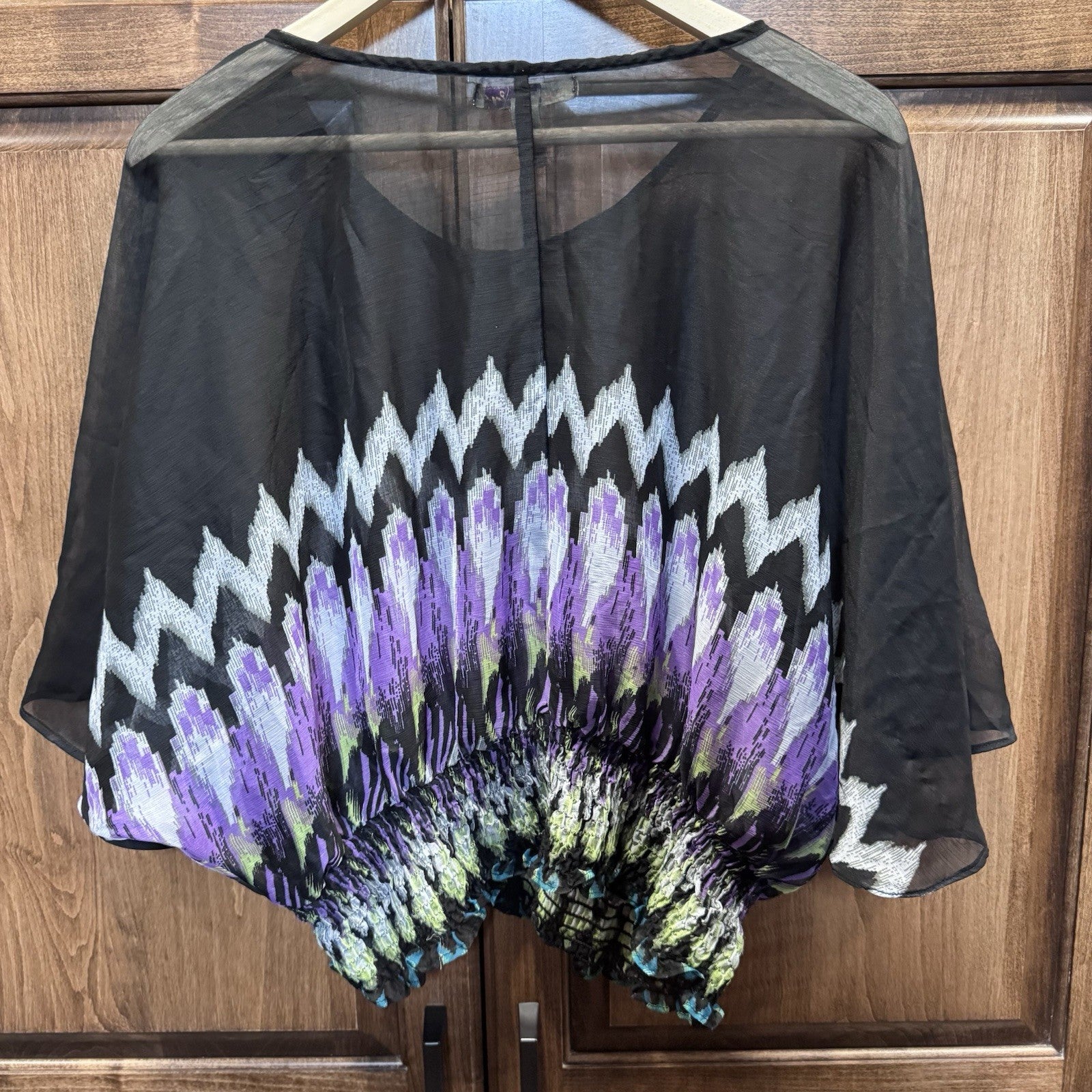 American Rag Cie Boho Peasant Blouse Black Purple Zigzag Smocked Hem Size Large